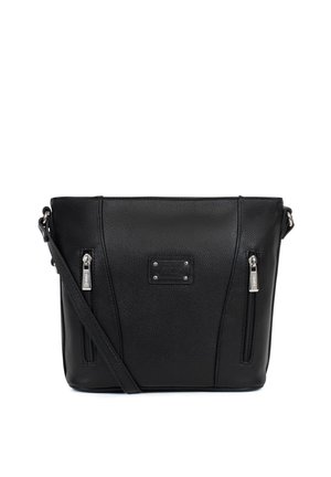 Sac bandoulière noir texturé avec deux poches zippées verticales à l'avant, une sangle réglable et une petite plaque logo au centre devant.