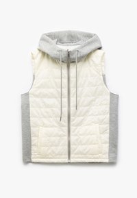 Padded ärmellose Weste mit einer hellen cremefarbenen Front, grauen Seiten und einer grauen Kapuze. Verfügt über einen Reißverschluss vorne und zwei Fronttaschen.