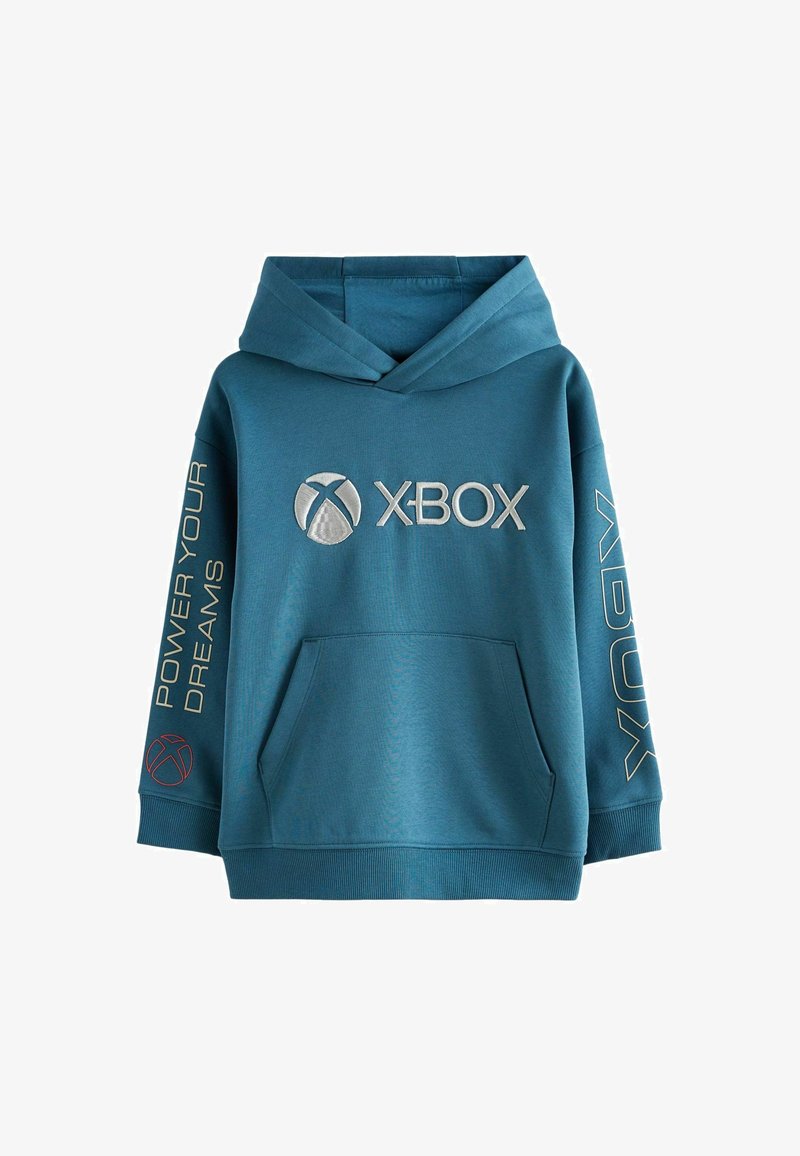 Felpa teal con tasca a marsupio, logo Xbox e slogan "ALIMENTA I TUOI SOGNI" in testo crema e rosso sulle maniche. Tessuto morbido.