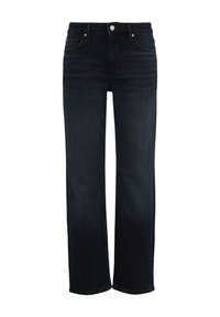Donkerdenim jeans met een rechte poot, vijf zakken, metalen knoopsluiting en subtiele vervagingen op de dijen.