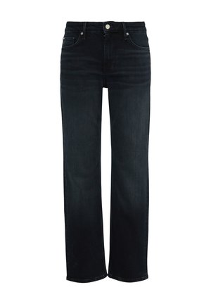 Dunkelblaue Jeans mit geradem Bein, Fünf-Taschen-Design, Metallknopfverschluss und subtilen Ausbleichungen an den Oberschenkeln.
