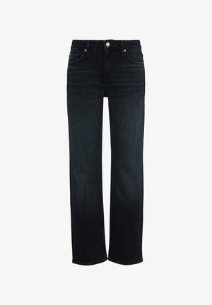 Jean en denim noir avec une coupe droite, design à cinq poches, fermeture à bouton métallique et décoloration subtile au niveau des cuisses.