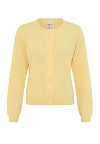 Hellgelbe Strickjacke aus 100 % Baumwolle. Mit Rundhalsausschnitt, langen Ärmeln, durchgehender Knopfleiste vorne sowie gerippten Bündchen und Saum.