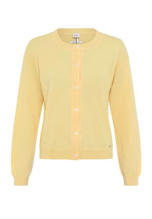 Hellgelbe Strickjacke aus 100 % Baumwolle. Mit Rundhalsausschnitt, langen Ärmeln, durchgehender Knopfleiste vorne sowie gerippten Bündchen und Saum.
