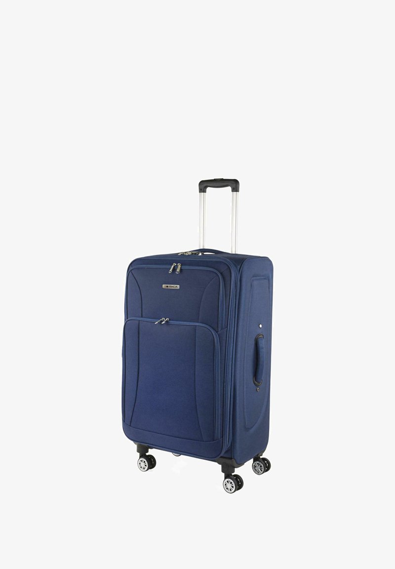 Maleta azul marino con exterior de tela resistente, asa telescópica, cierre doble y cuatro ruedas giratorias 360 grados para una fácil maniobrabilidad.
