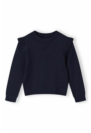 Pulover tricotat de culoare bleumarin, cu mâneci lungi, manșete cu șnur și detalii cu volan la umeri. Decolteu rotund și design simplu.