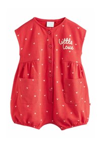 Piros pamut overál rövid ujjakkal, szívmintás kialakítással, elöl gombokkal, két zsebbel és fehér "little love" felirattal.