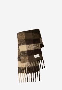 Wollen sjaal met een geruit patroon in tinten van beige en bruin, met franjes aan de randen en een label met de tekst "ARCTIC FOX."