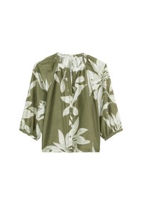 Olive green blouse with white floral pattern, button front, round neckline, and 3/4 length puff sleeves. Soft fabric with slight sheen.