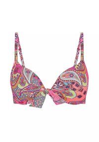 Wielokolorowy bikini top z wypełnieniem, z wzorem paisley, regulowanymi ramiączkami i szczegółem w postaci skręcenia z przodu. Dominującymi kolorami są różowy i morski.