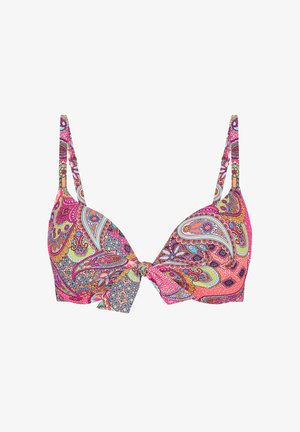 Wielokolorowy bikini top z wypełnieniem, z wzorem paisley, regulowanymi ramiączkami i szczegółem w postaci skręcenia z przodu. Dominującymi kolorami są różowy i morski.