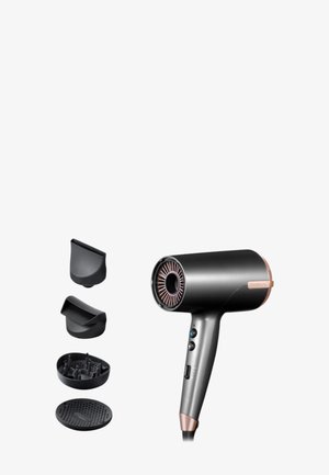 Hårføner i svart og roségull med en rund dysse, tre vedlegg, teksturert grep og knapper på håndtaket.