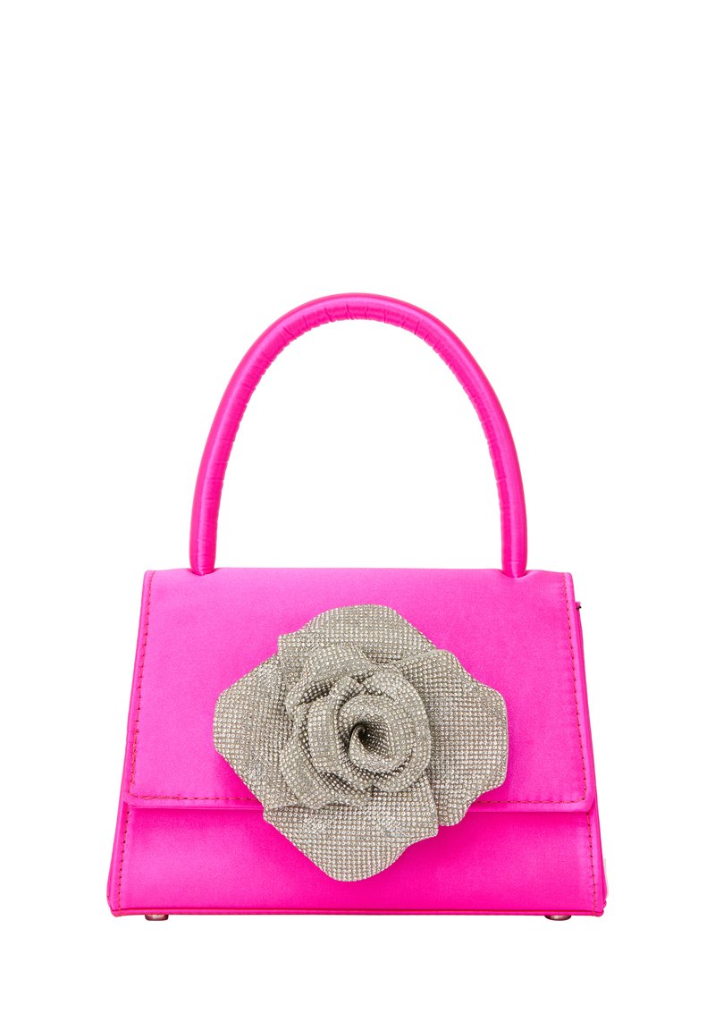 Lyserød satin håndtaske med en dekorativ sølvrose foran, med en struktureret design og et kort, glat håndtag.