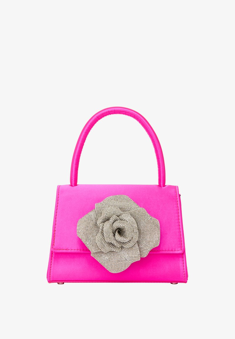 Lyserød satin håndtaske med en dekorativ sølvrose foran, med en struktureret design og et kort, glat håndtag.
