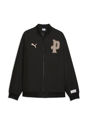 Veste noire zippée avec logo Puma beige sur la poitrine gauche et grande lettre beige "P" sur la poitrine droite, poignets et bas côte.