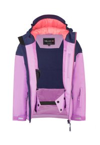 Giacca impermeabile viola con cappuccio blu navy, fodera in pile, numerose tasche e una vivace fodera interna rosa con cerniere a contrasto.