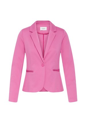 Rózsaszín blézer strukturált kialakítással, egysoros gombolással és két első zsebbel. Simább anyagból készült, sarkított hajtókával.
