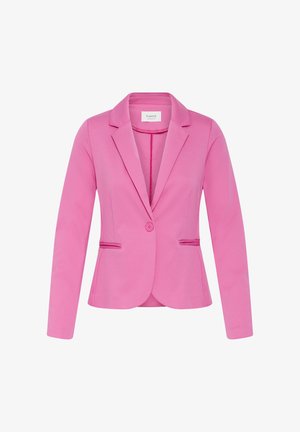 Pink blazer with a structured design, single button closure, and two front pockets. Features a smooth fabric and notch lapel.