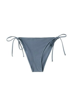 Slip bikini grigi con laccetti laterali, mostrati stesi su uno sfondo bianco.