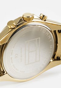 Goldener Edelstahl-Uhren mit einem glatten Gehäuseboden. Verfügt über zwei Kronen, ein graviertes Markenlogo und eine Wasserbeständigkeit von 5 bar.