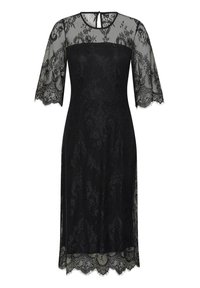 Vestido negro de longitud media con superposición de encaje floral, mangas de encaje transparentes hasta los codos, escote redondo y dobladillo con ondas.