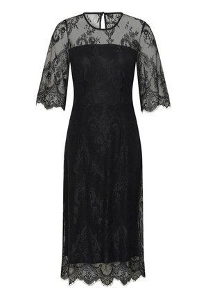 Zwarte jurk van gemiddelde lengte met een bloemenkant overlay, doorschijnende kant elleboogmouwen, ronde halslijn en gegolfde zoom.