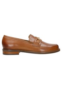 Mocassin en cuir marron avec un bout rond, détail doré sur le dessus, et un petit talon en bois solide. Texture lisse.