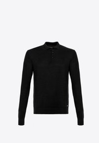 Schwarzer Langarm-Polo-Pullover aus weichem Strickstoff, mit einer Drei-Knopf-Leiste, gerippten Bündchen und tailliertem Schnitt.