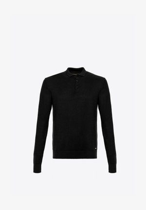Černý svetřík s dlouhým rukávem a límečkem vyrobený z jemné pleteniny, který má tříknoflíkovou légou, žebrované manžety a přiléhavý střih.
