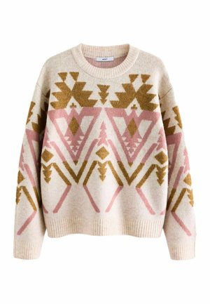 Krémový pletený svetr s růžovými a hnědými geometrickými kmenovými vzory, s dlouhými rukávy a žebrovaným kulatým výstřihem, manžetami a lemem.