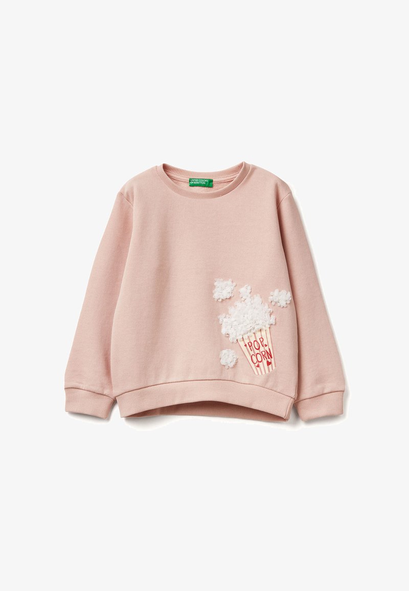Světle růžová mikina s žebrovaným kulatým výstřihem. Na přední straně je vyšívaný košík na popcorn s 3D akcenty popcornu.
