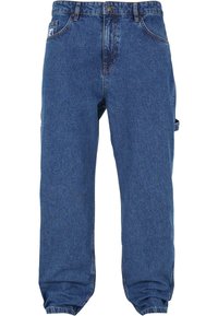 Pantalones cargo de mezclilla azul con un corte relajado, costuras visibles, bolsillo lateral y puños elásticos en los tobillos. Tela duradera con una textura suave.