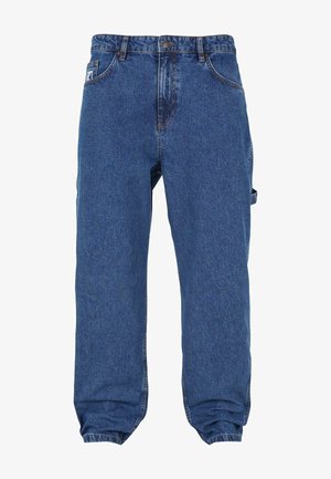 Blauwe denim cargobroek met een ontspannen pasvorm, zichtbare stiksels, zijzakken en elastische boorden bij de enkels. Duurzame stof met een gladde textuur.