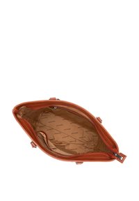 Borsa a tracolla in pelle marrone con chiusura a zip, interno in tessuto con un motivo a logo ripetuto e forma strutturata con doppio manico.