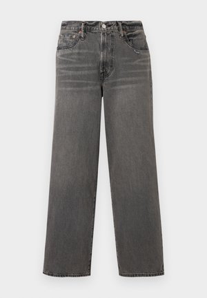 Jeans en denim gris avec une coupe droite, taille haute, style à cinq poches et légère décoloration le long des jambes. Accents en métal.