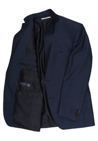 Dunkelblauer Blazer aus strukturiertem Stoff, einreihiges Design, mit Reverskragen und gepunkteter Innenfutter. Verfügt über zwei Fronttaschen.