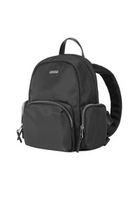 Zaino in nylon nero con due tasche frontali con zip, un compartimento principale, spallacci curvi e un manico superiore per il trasporto.
