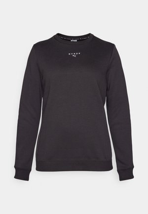 Sorte hettegenser med lange ermer, rund hals og mansjetter; har et hvitt "HYROX"-logo på forsiden. Laget av et mykt stoff.