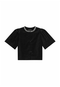 Czarny aksamitny krótki top z krótkimi bufkami i koralikowym dekoltem. Posiada przednie zapięcie i gładką fakturę.