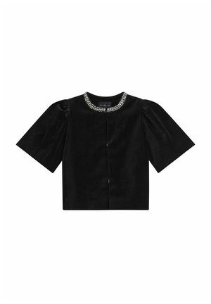 Czarny aksamitny krótki top z krótkimi bufkami i koralikowym dekoltem. Posiada przednie zapięcie i gładką fakturę.