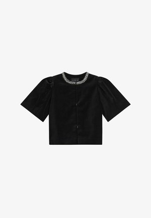 Zwart fluwelen cropped top met korte pofmouwen en een met kralen versierde halslijn. Voorzien van een sluiting aan de voorkant en een gladde textuur.