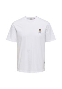White cotton t-shirt featuring a small embroidered design of a character with a striped hat, short sleeves, and a crew neck.