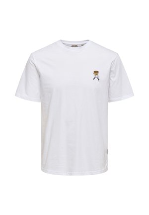 Biele bavlnené tričko s malým vyšívaným motívom postavičky so pásikavou čiapkou, krátkymi rukávmi a okrúhlym výstrihom.