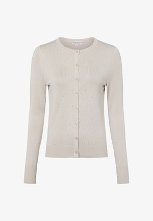 Beiger Cardigan aus weichem Strickstoff, mit rundem Ausschnitt, langen Ärmeln und Knöpfen vorne, verziert mit dezenten Verzierungen.