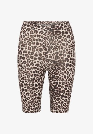 Shorts de vélo en imprimé léopard avec une palette de couleurs noir et beige, taille élastique et texture lisse. Longueur mi-thigh avec un design ajusté.