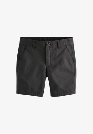 Pantaloni corti grigio scuro realizzati in tessuto morbido, con chiusura a bottone, tasche frontali e una vestibilità pulita e sartoriale.