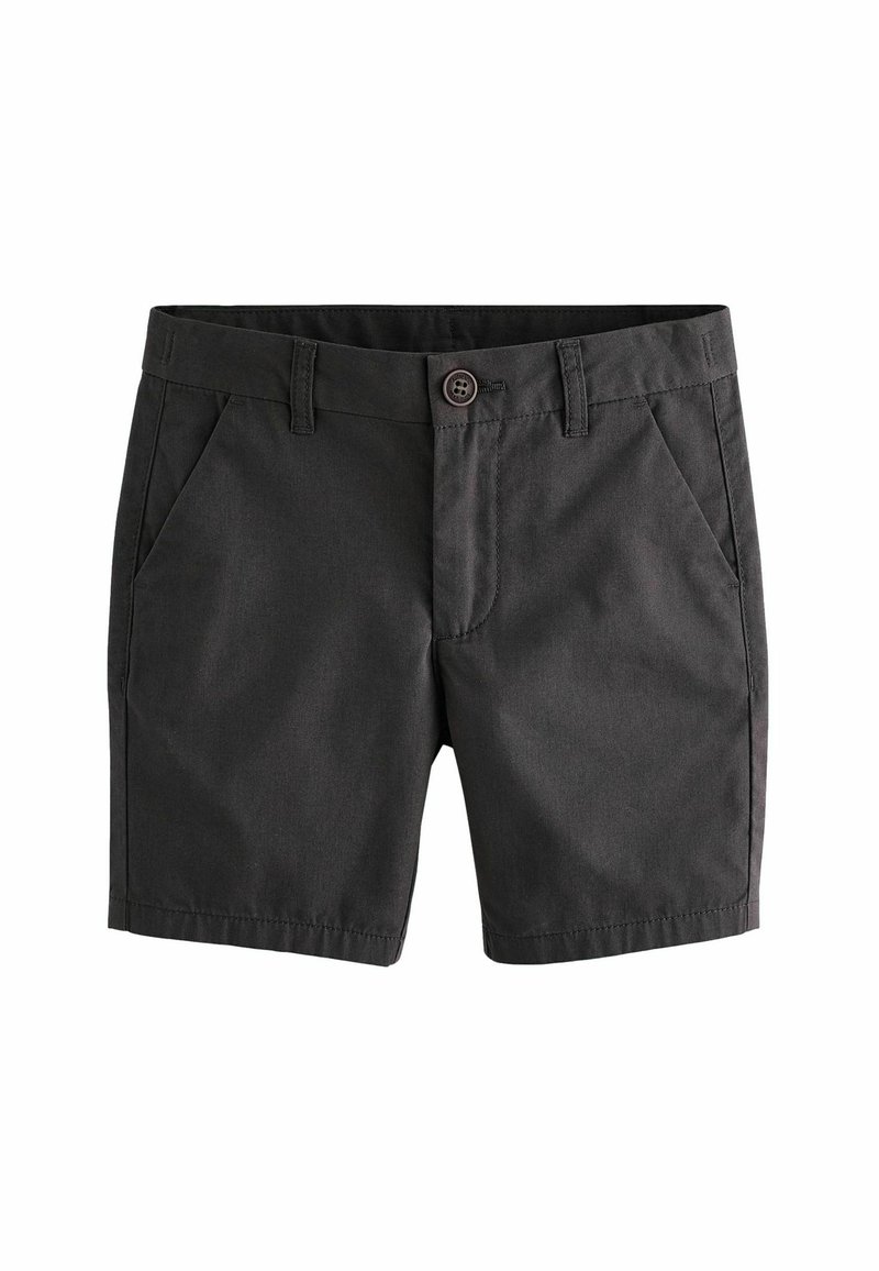 Shorts gris foncé en tissu lisse, dotés d'une fermeture à bouton, de poches avant et d'une coupe nette et ajustée.