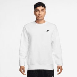 White crewneck sweatshirt made of cotton blend fabric featuring a black Nike logo on the left chest. Long sleeves and ribbed cuffs.