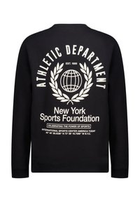 Black sweatshirt with long sleeves featuring a large white graphic design, including a globe, laurel wreath, and text detailing.