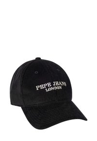 Cappello in velluto a coste nero con ricamo bianco "PEPE JEANS LONDON". Tesa curva, design a sei pannelli strutturati, materiale testurizzato.